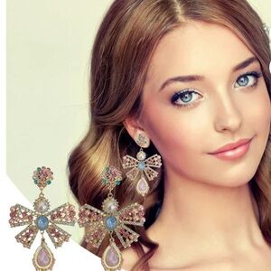 Coquette Bow Pink Crystal Drop Earrings